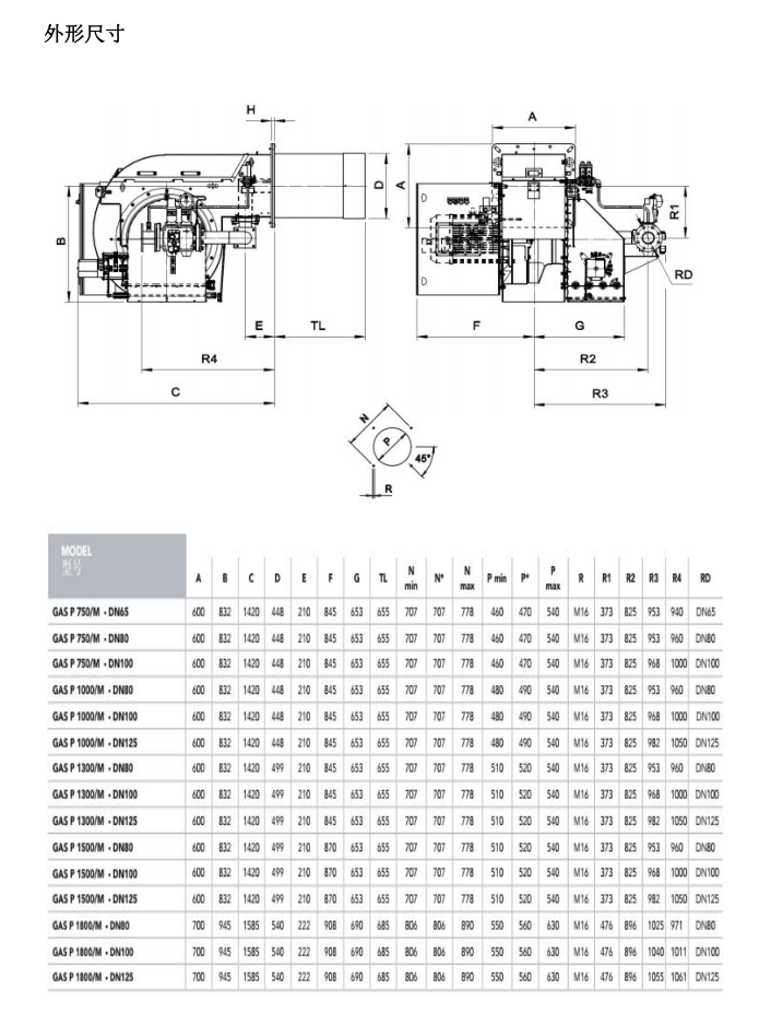 10吨-GAS P750低氮燃烧器外形尺寸
